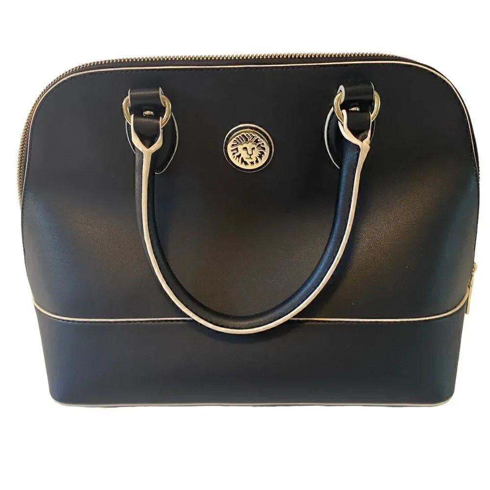 Anne Klein Black Satchel Subtly Lined w/ Beige Accents & Gold Hardware.